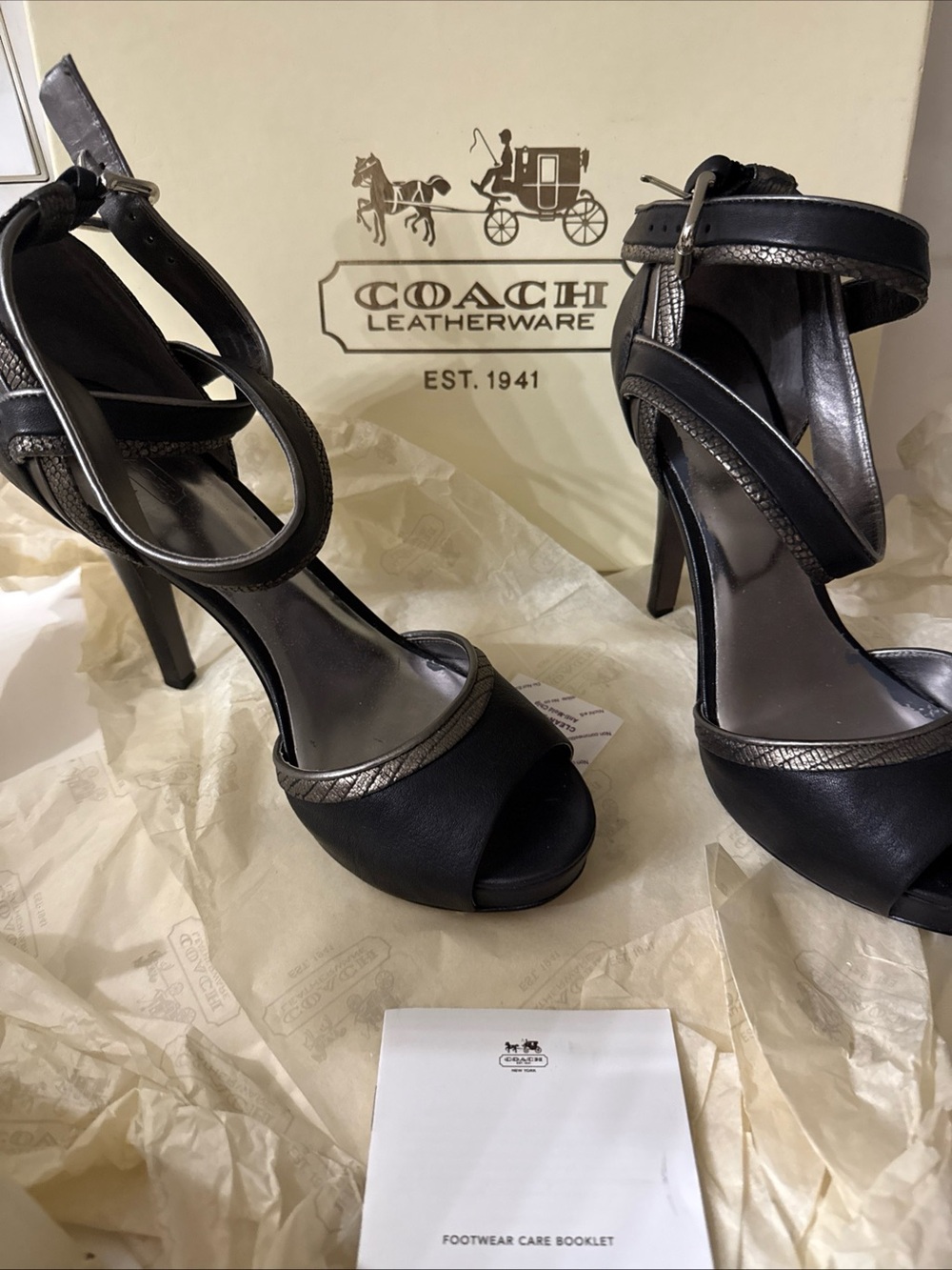 Coach Black Leather Peep-Toe Ankle Strap Heels